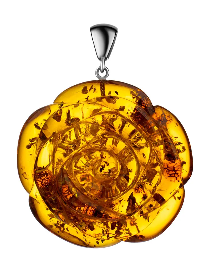 картинка Подвеска из искрящегося янтаря коньячного цвета в серебре «Роза» в онлайн магазине