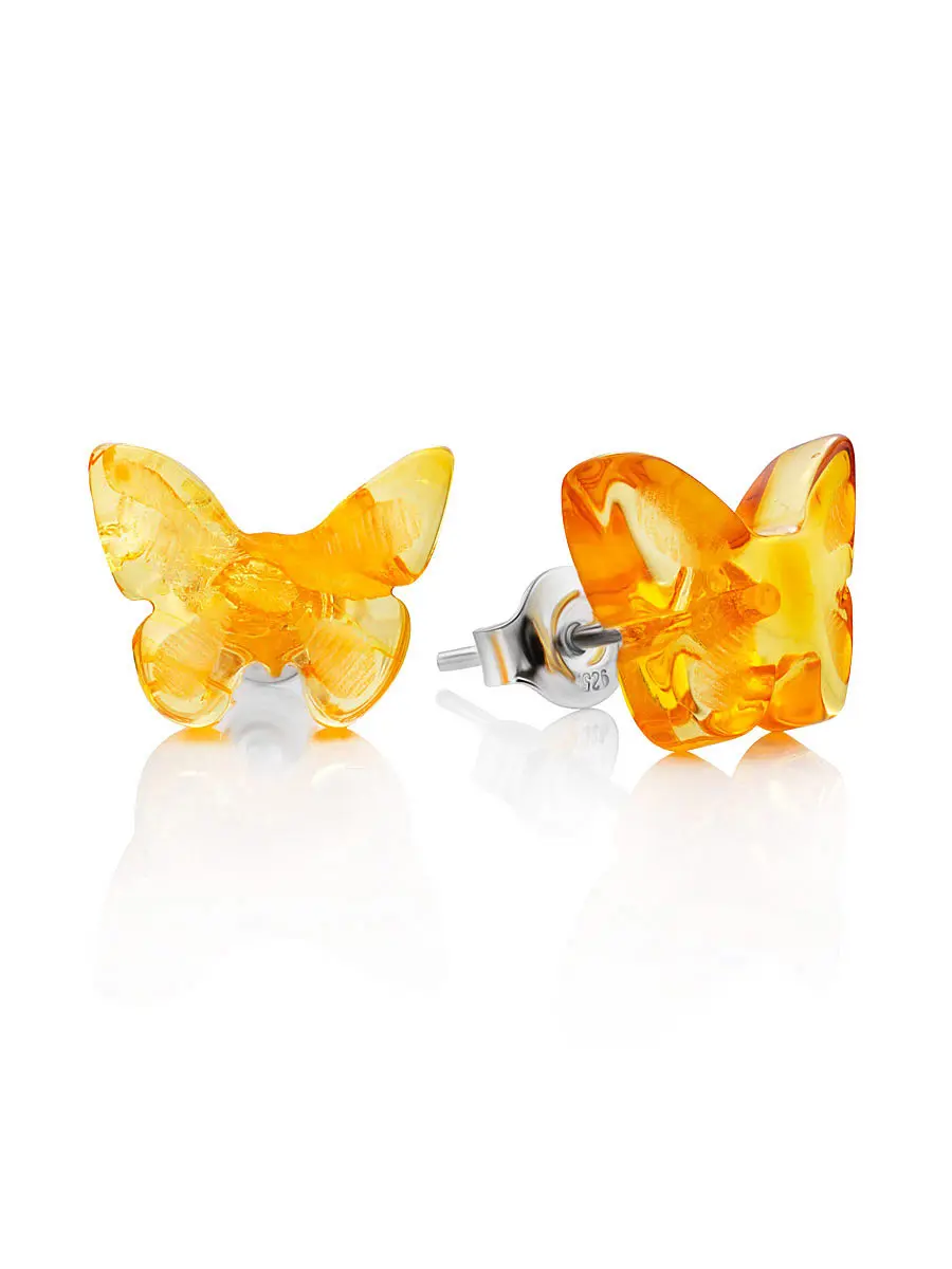 картинка Изящные маленькие серьги-пусеты из натурального янтаря «Бабочки» золотисто-коньячного цвета в онлайн магазине