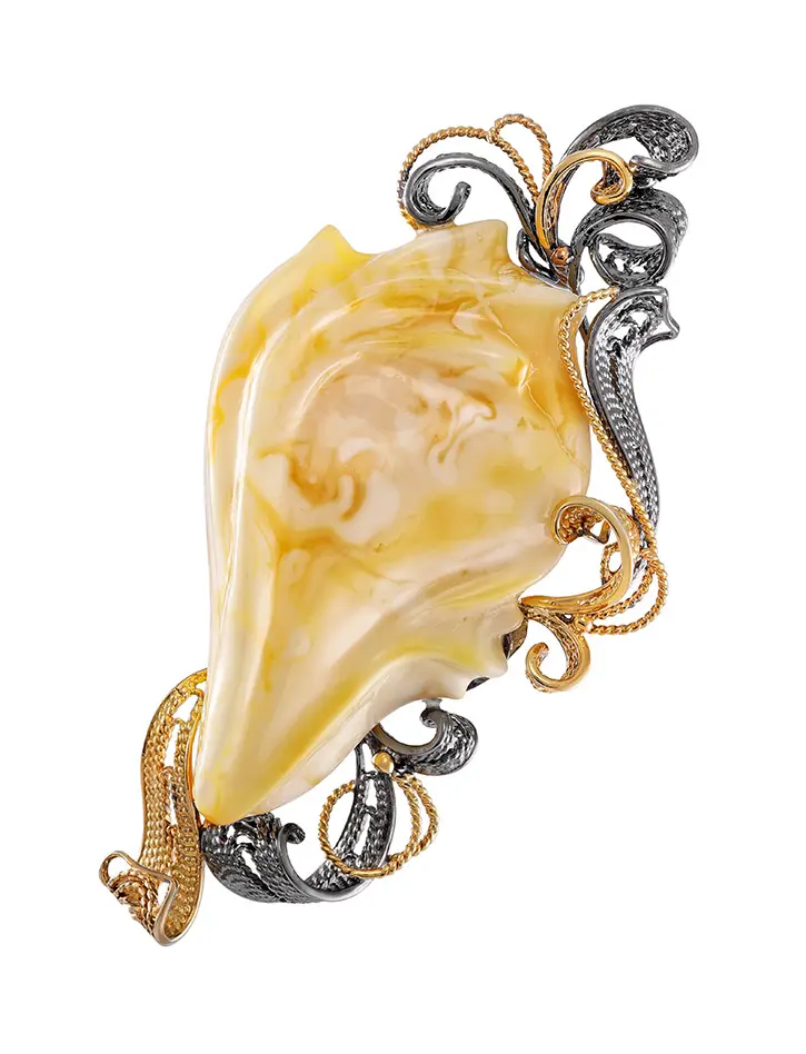 картинка Крупная брошь из серебра с позолотой, украшенная королевским янтарём «Филигрань» в онлайн магазине