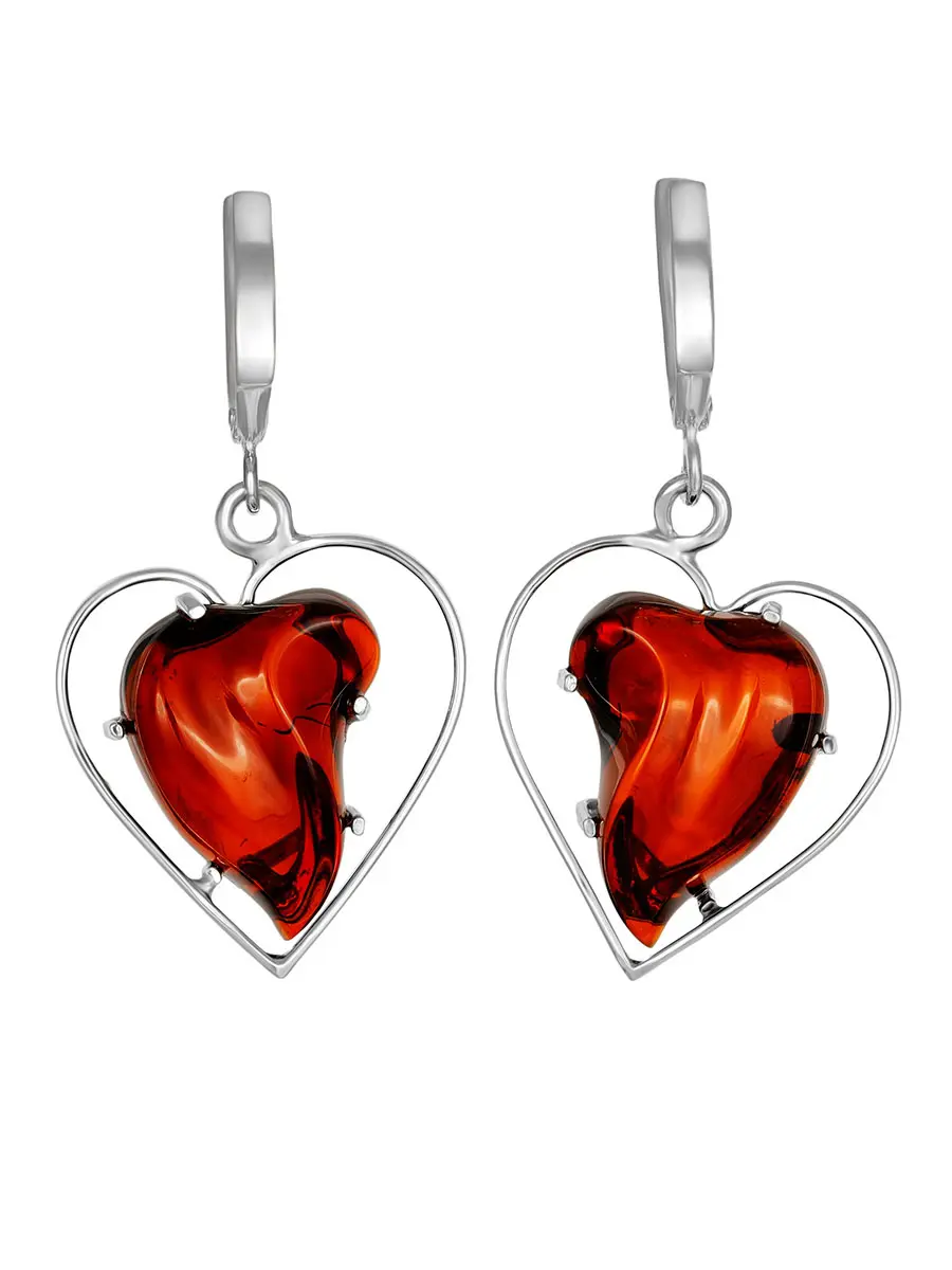 картинка Эффектные серьги из серебра и натурального балтийского янтаря в форме сердца «Венеция» в онлайн магазине