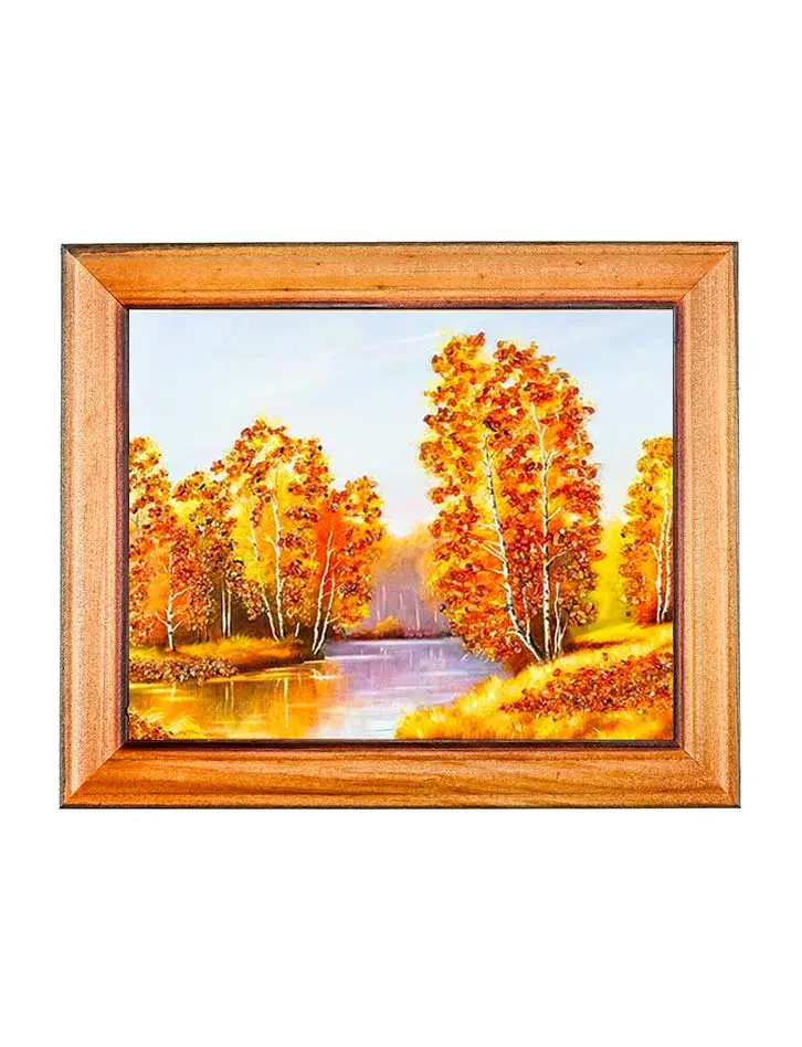 картинка Красивый пейзаж, украшенный натуральным янтарём «Лиловая дымка» 15 см (В) х 17 см (Ш) в онлайн магазине