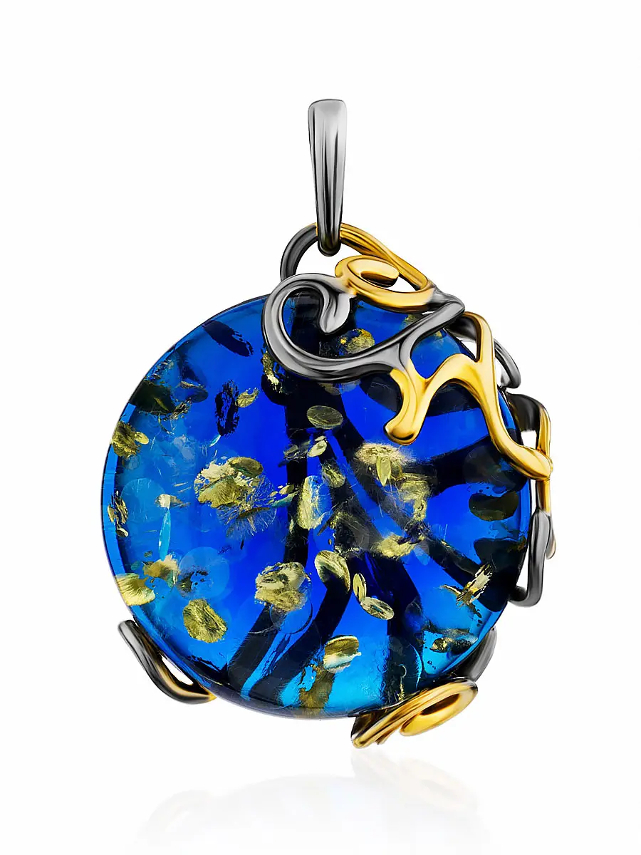 картинка Круглый яркий кулон из натурального янтаря синего цвета «Версаль» в онлайн магазине