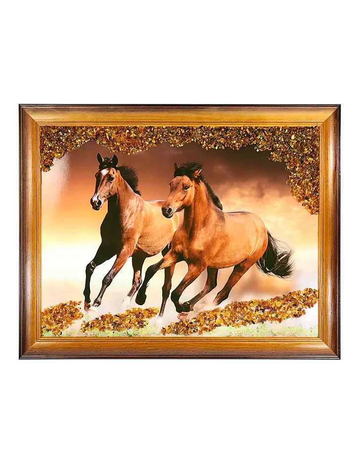 картинка Горизонтальное панно с натуральным янтарем «Лошади» в онлайн магазине