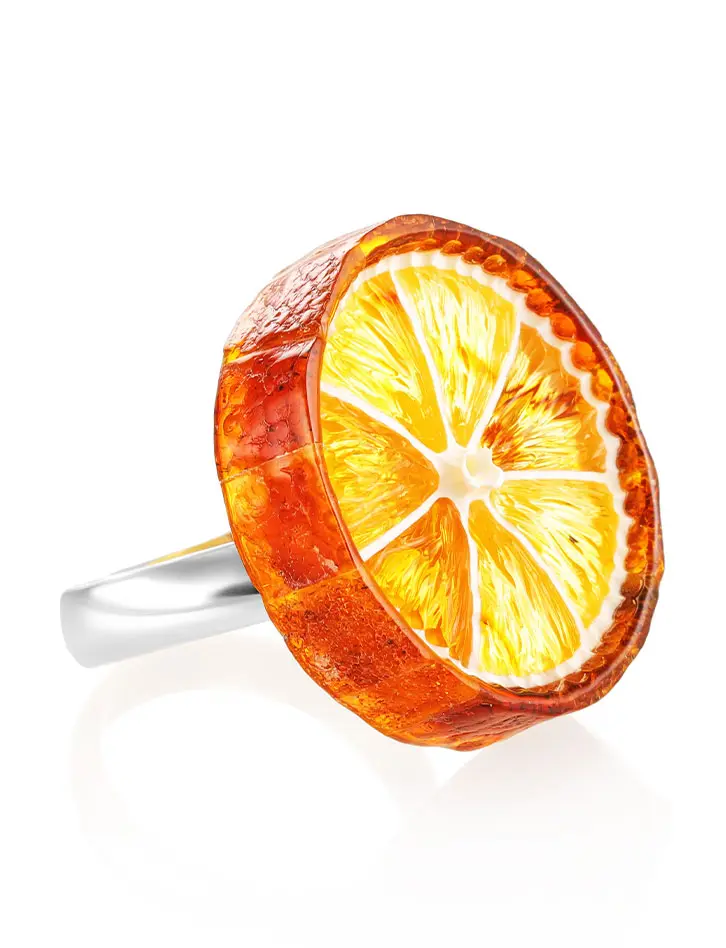картинка Оригинальное кольцо «Апельсин» из натурального янтаря и серебра в онлайн магазине