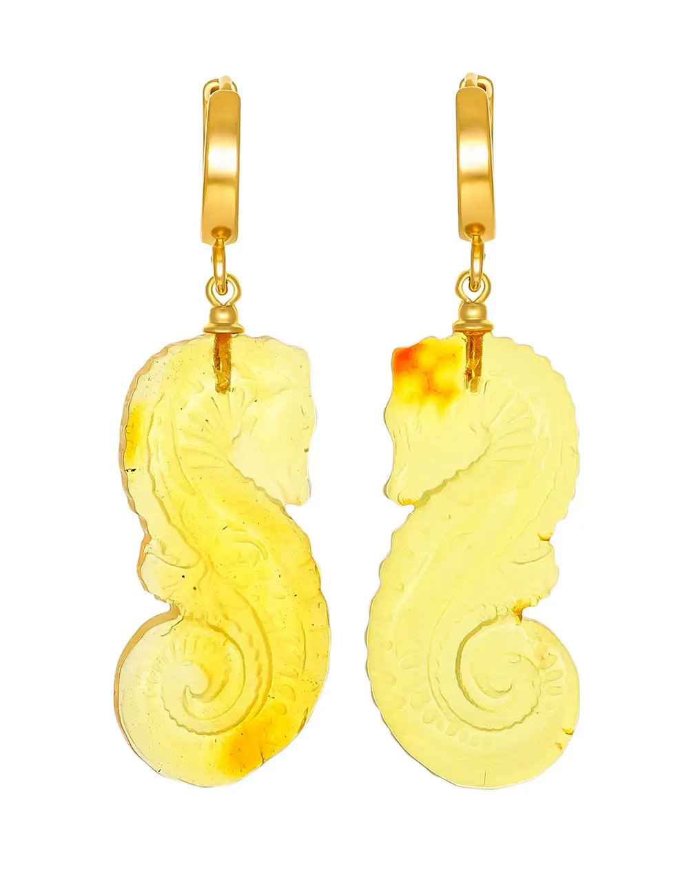 картинка Оригинальные серьги с натуральным янтарём лимонного цвета «Морской конёк» в онлайн магазине