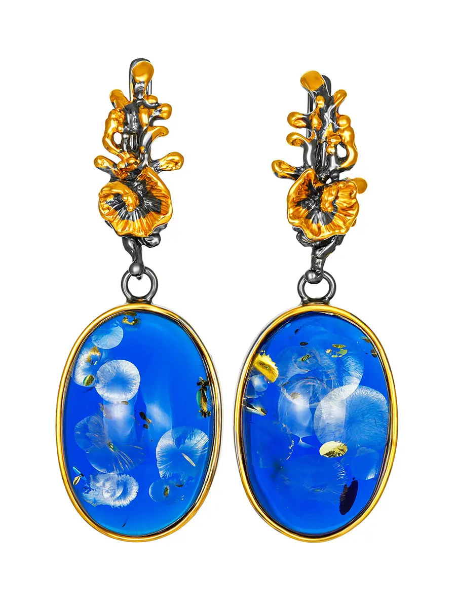 картинка Яркие серьги «Версаль» из синего янтаря в золоченой оправе в онлайн магазине