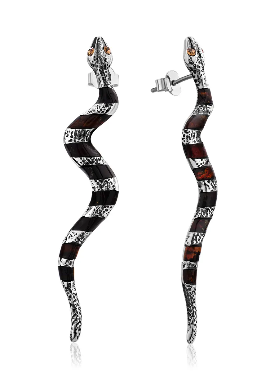 картинка Оригинальные серьги из натурального янтаря «Змейка» в онлайн магазине