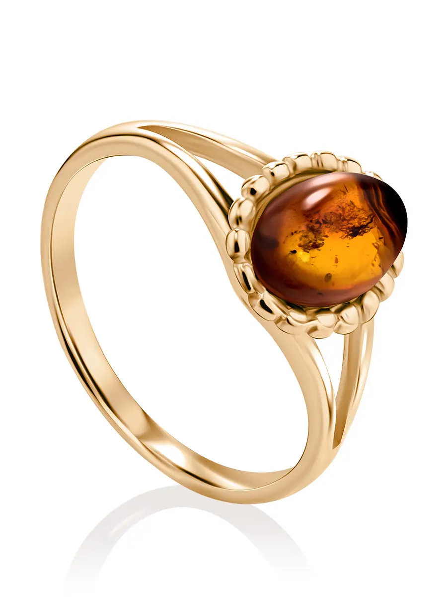 картинка Нежное кольцо «Флоренция» из серебра в позолоте с янтарём коньячного цвета в онлайн магазине