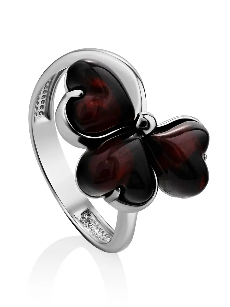картинка Изящное кольцо из серебра и натурального тёмно-вишнёвого янтаря «Трисмегист» в онлайн магазине