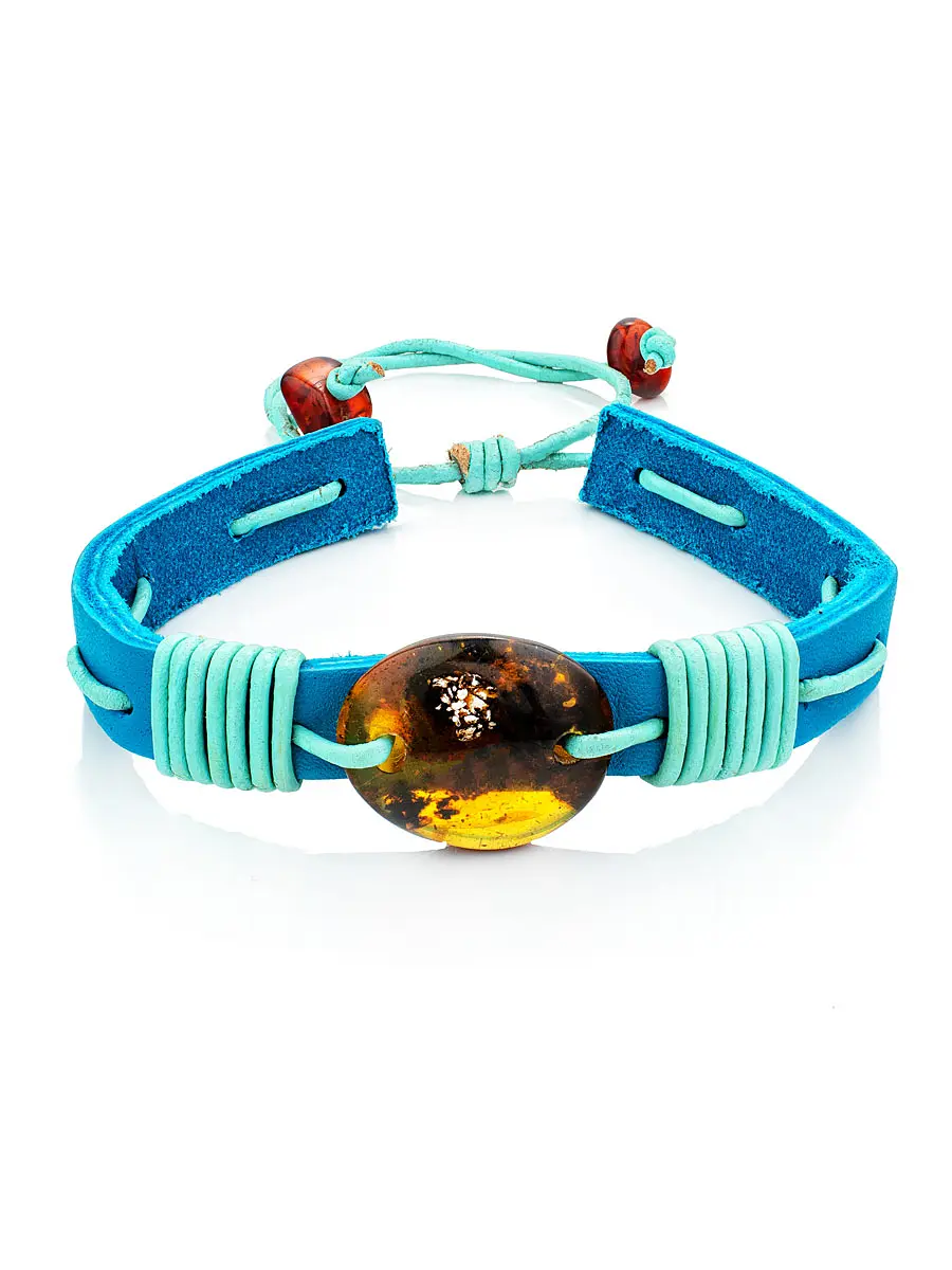 картинка Браслет из кожи ярко-голубого цвета с кусочком натурального янтаря «Копакабана» в онлайн магазине
