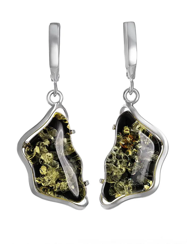 картинка Красивые серебряные серьги из натурального искрящегося зелёного янтаря «Лагуна» в онлайн магазине