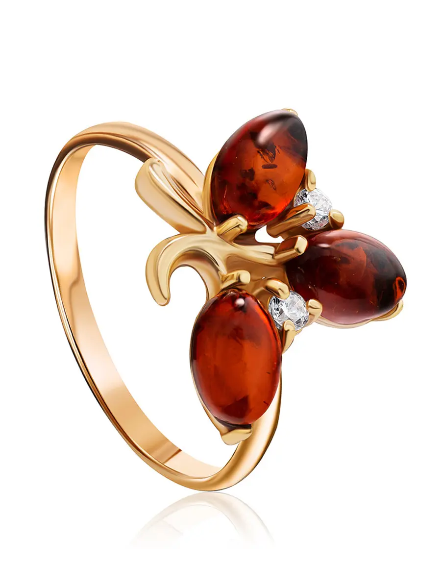картинка Нежное кольцо с натуральным янтарём коньячного цвета «Олеандр» в онлайн магазине