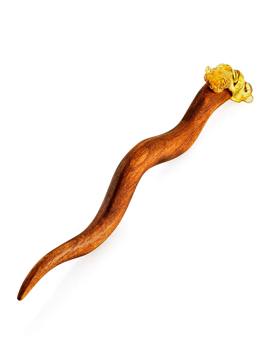 картинка Китайская заколка-палочка для волос из украшенная натуральным резным янтарём «Улитка» в онлайн магазине