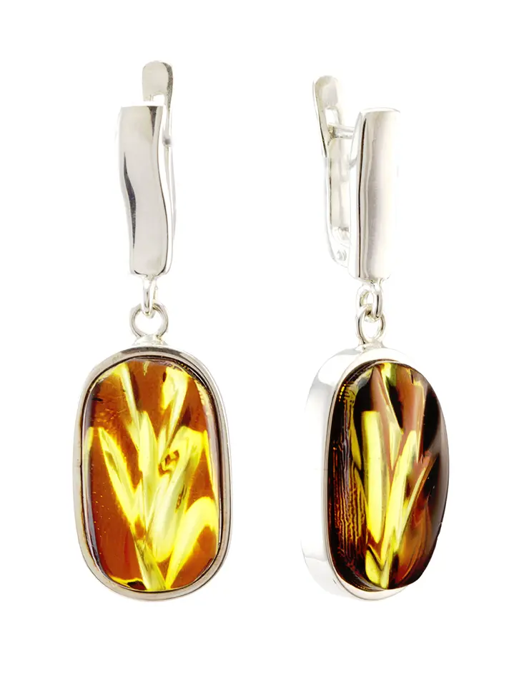 картинка Оригинальные серьги из серебра и натурального колумбийского янтаря «Лайм тигровый» в онлайн магазине