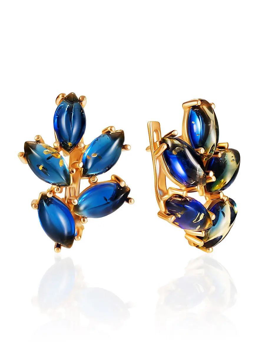 картинка Яркие серьги с янтарём синего цвета «Папоротник» в онлайн магазине