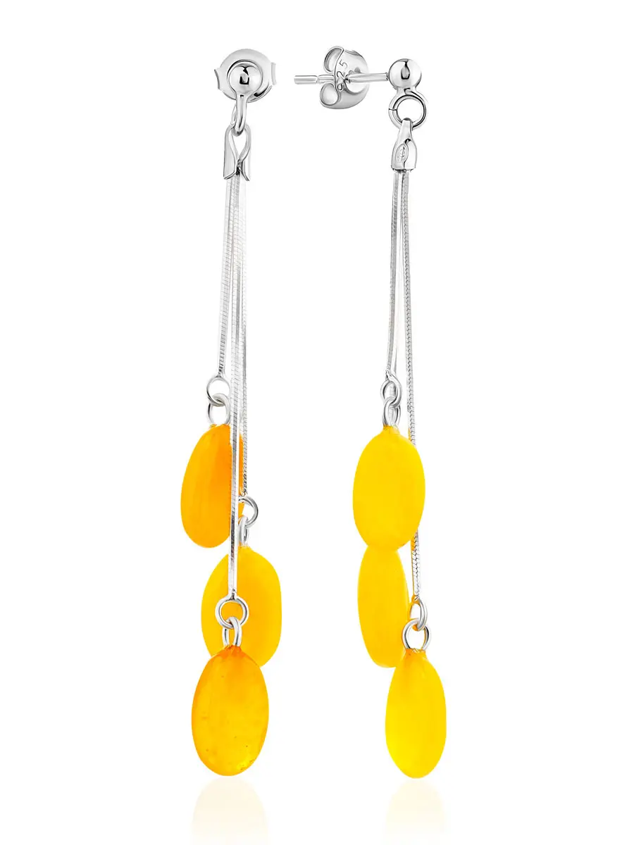 картинка Серебряные серьги-гвоздики с натуральным балтийским янтарём медового цвета «Овалы на цепочке» в онлайн магазине