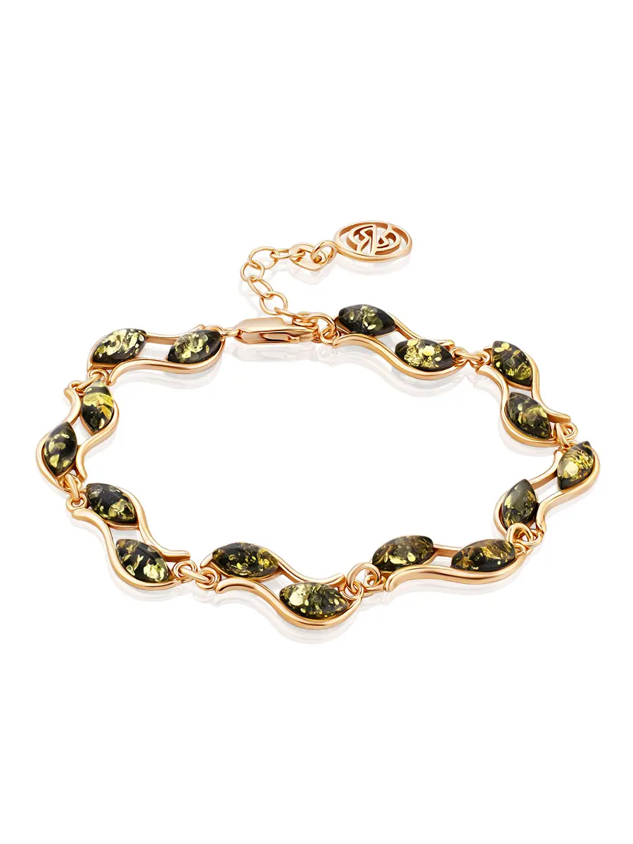 картинка Золотой браслет, украшенный вставками из натурального зелёного янтаря «Аккорд» в онлайн магазине
