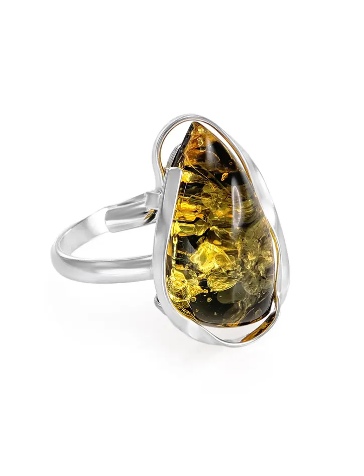 картинка Нарядное кольцо с натуральным сверкающим янтарем зеленого цвета «Лагуна» в онлайн магазине