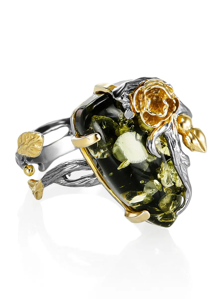 картинка Кольцо ручной работы из зелёного янтаря «Колибри» в онлайн магазине