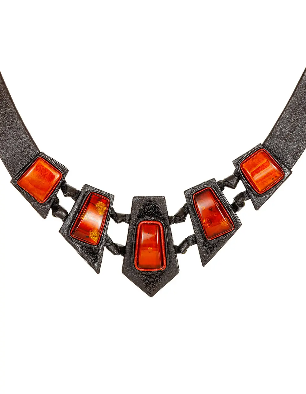 картинка Ожерелье из кожи «Амазонка» с коньячным янтарём  в онлайн магазине