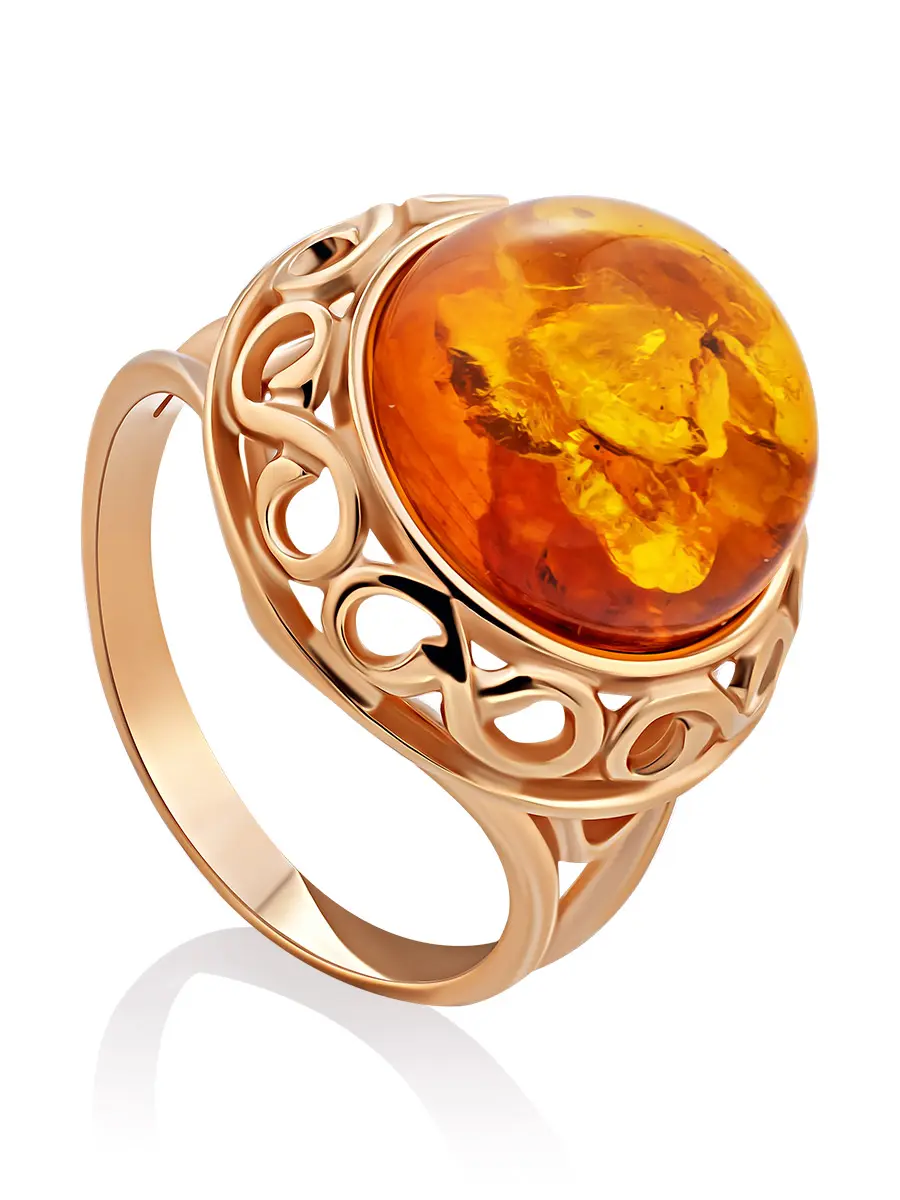 картинка Эффектный перстень «Ампир» из позолоченного серебра и золотистого янтаря в онлайн магазине