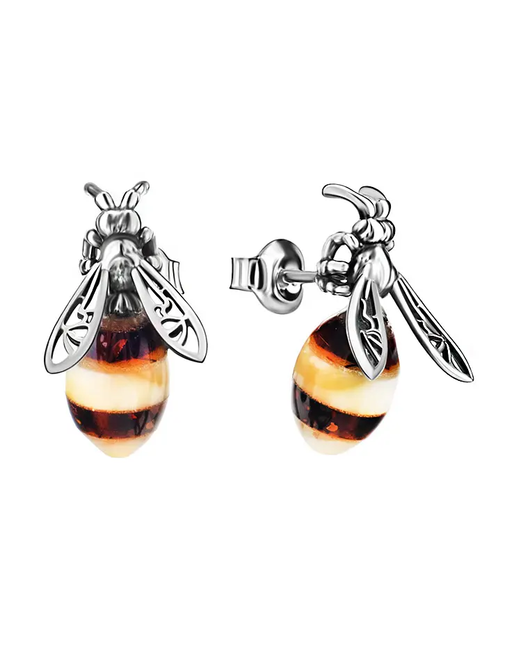 картинка Небольшие серьги-гвоздики из серебра и янтаря «Винни Пух» в онлайн магазине