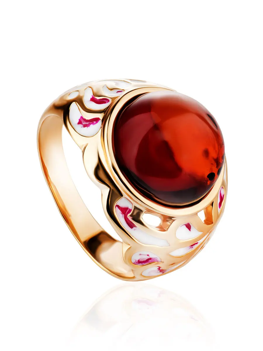 картинка Эффектный позолоченный перстень «Суздаль» с натуральным янтарём в онлайн магазине
