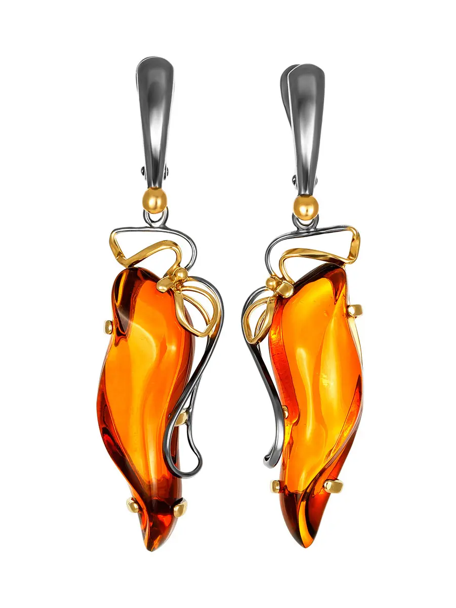картинка Изысканные серьги из серебра и цельного янтаря коньячного цвета «Риальто» в онлайн магазине