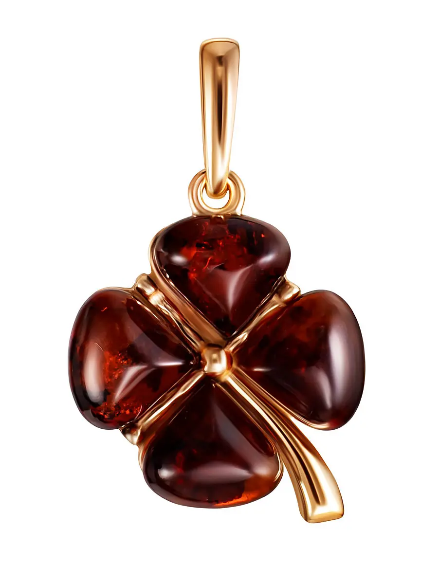 картинка Изящный кулон с янтарём вишнёвого цвета «Клевер» в онлайн магазине