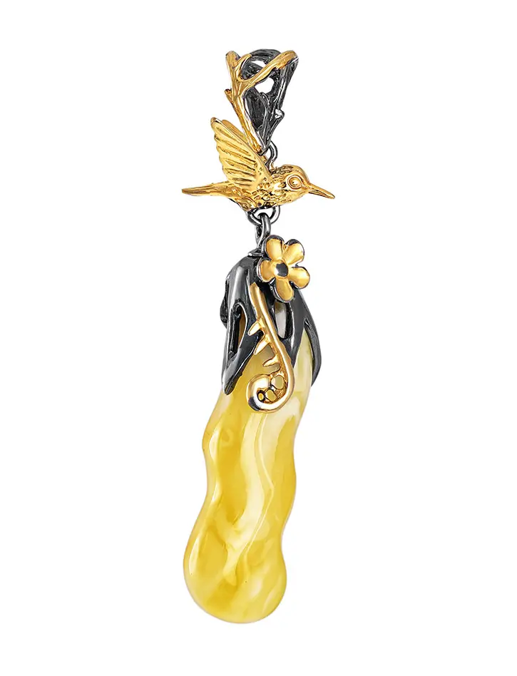 картинка Удлинённый кулон из цельного медового янтаря и серебра в золоте «Версаль» в онлайн магазине