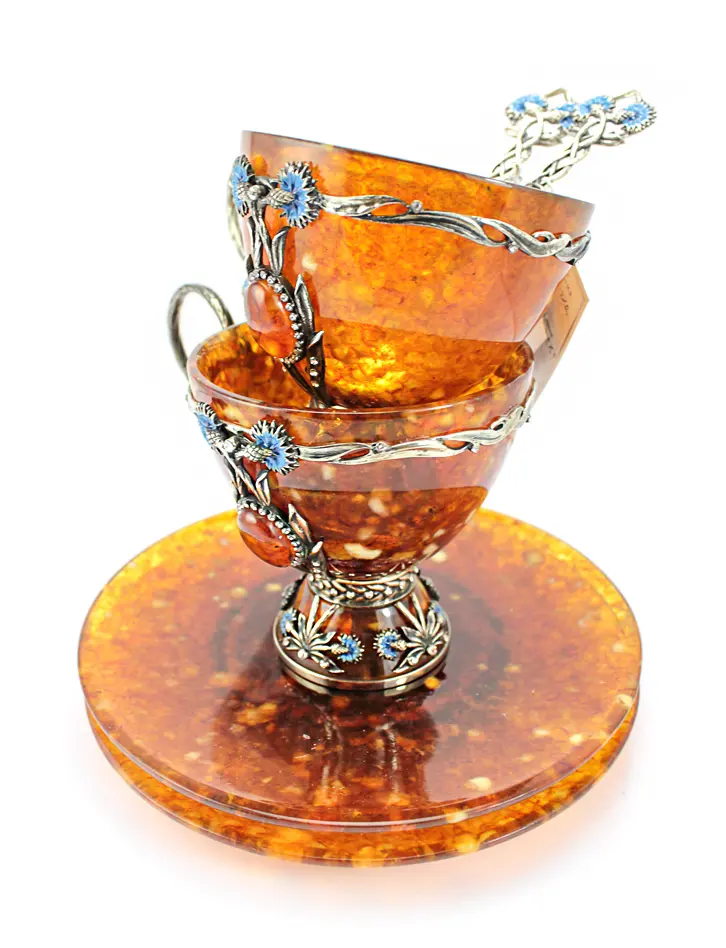 картинка Чайный набор из натурального янтаря и бронзы «Василек» на 2 персоны в онлайн магазине
