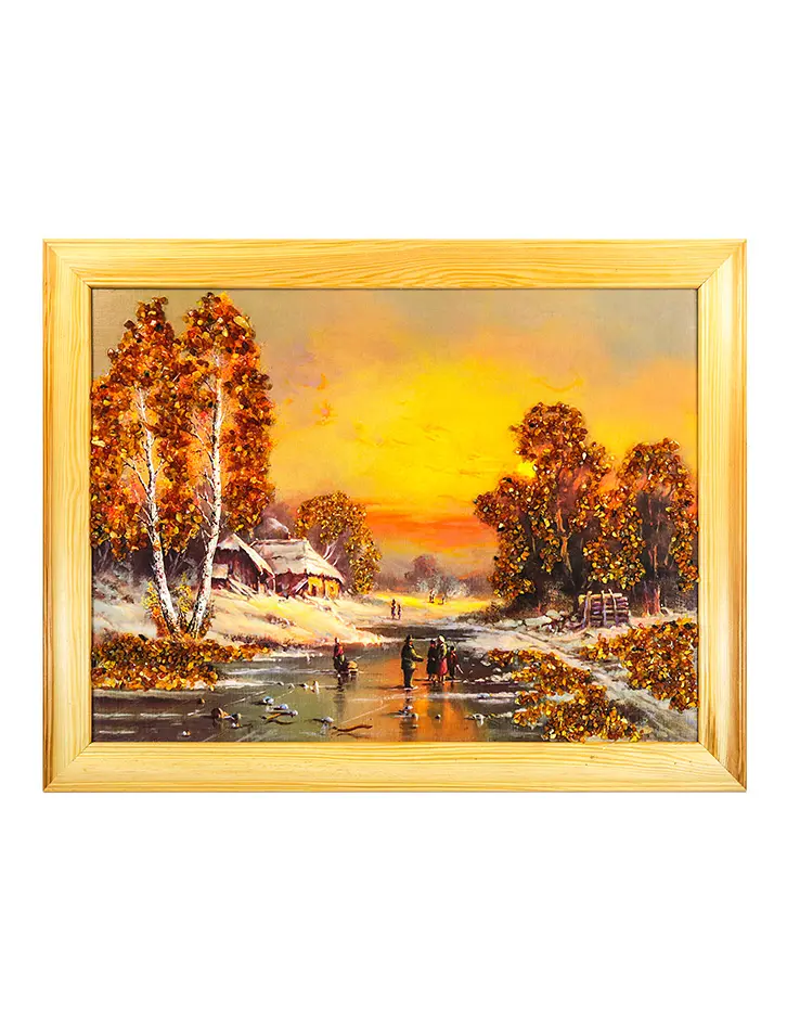 картинка Горизонтальная картина с кусочками натурального янтаря «Зимний вечер» 35 см (В) х 45 см (Ш) в онлайн магазине