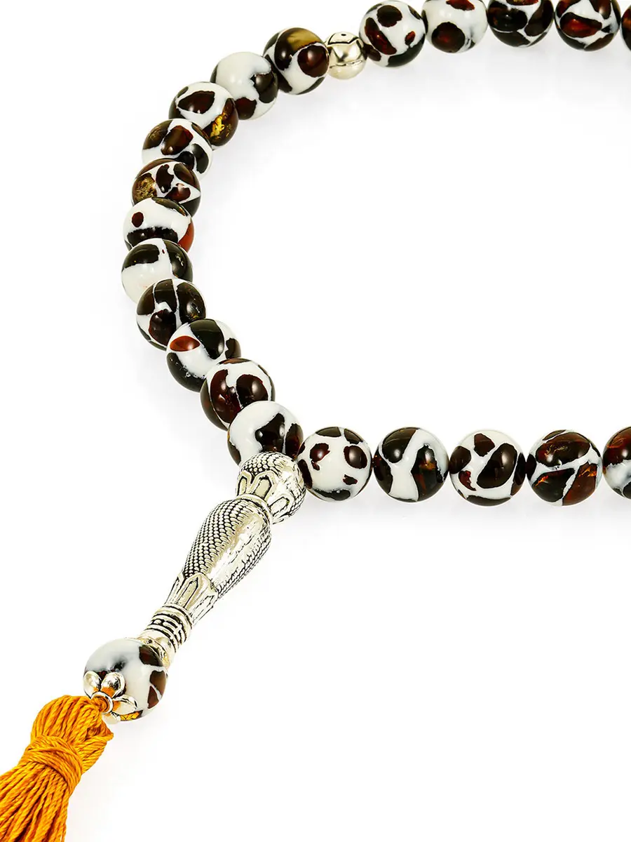 картинка Мусульманские чётки 33 бусины с натуральным янтарём «Далматин контрастный» в онлайн магазине