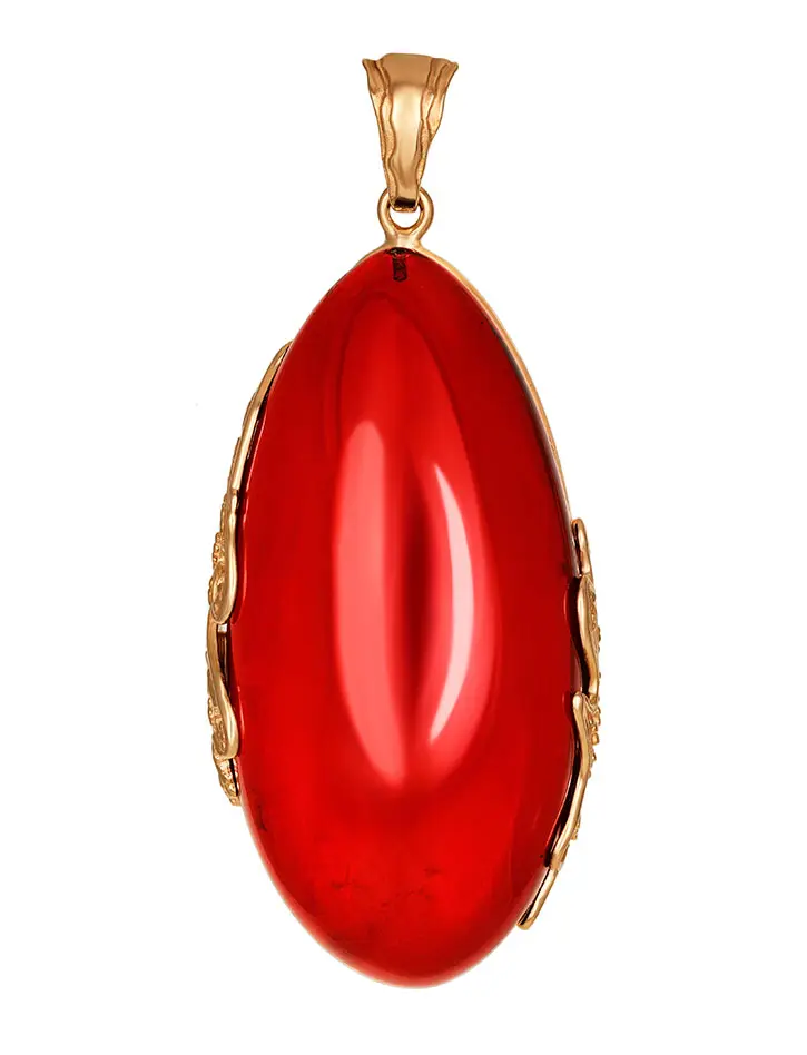 картинка Роскошный объёмный кулон из ярко-красного янтаря в позолоченном серебре «Версаль» в онлайн магазине