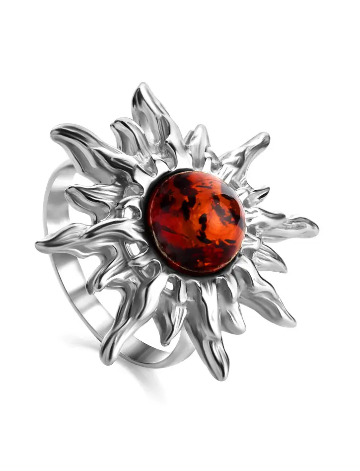 картинка Серебряное кольцо с натуральным балтийским янтарём вишнёвого цвета «Гелиос» в онлайн магазине