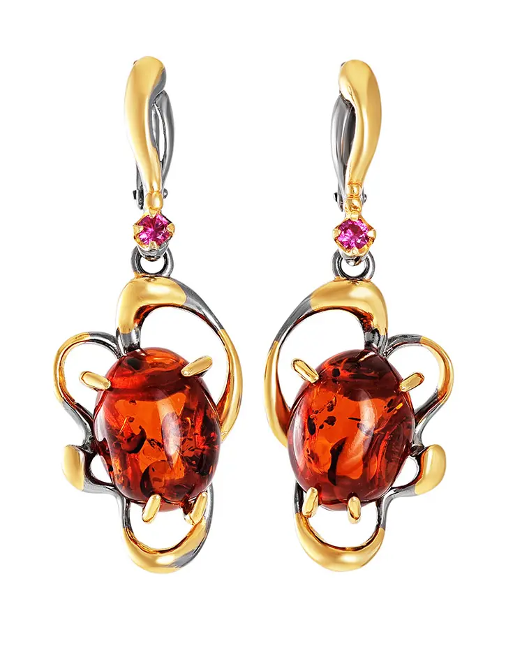 картинка Нарядные серьги из янтаря красно-коньячного цвета в золочённом серебре «Помпадур» в онлайн магазине