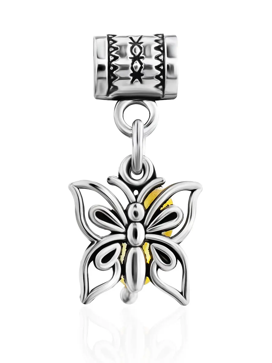 картинка Подвеска-шарм для европейского браслета с натуральным янтарём лимонного цвета «Бабочка» в онлайн магазине