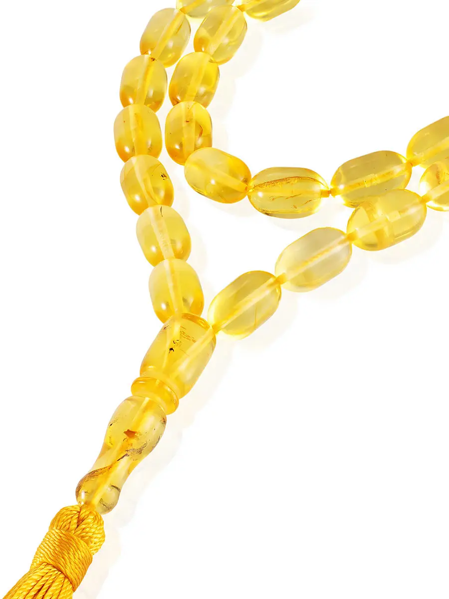 картинка Объемные чётки из натурального цельного лимонного янтаря на 33 бусины-бочонка в онлайн магазине