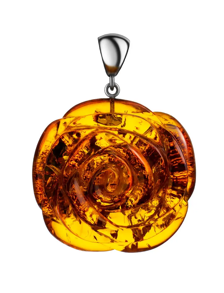 картинка Красивая объёмная подвеска из натурального цельного янтаря с серебром «Роза» в онлайн магазине