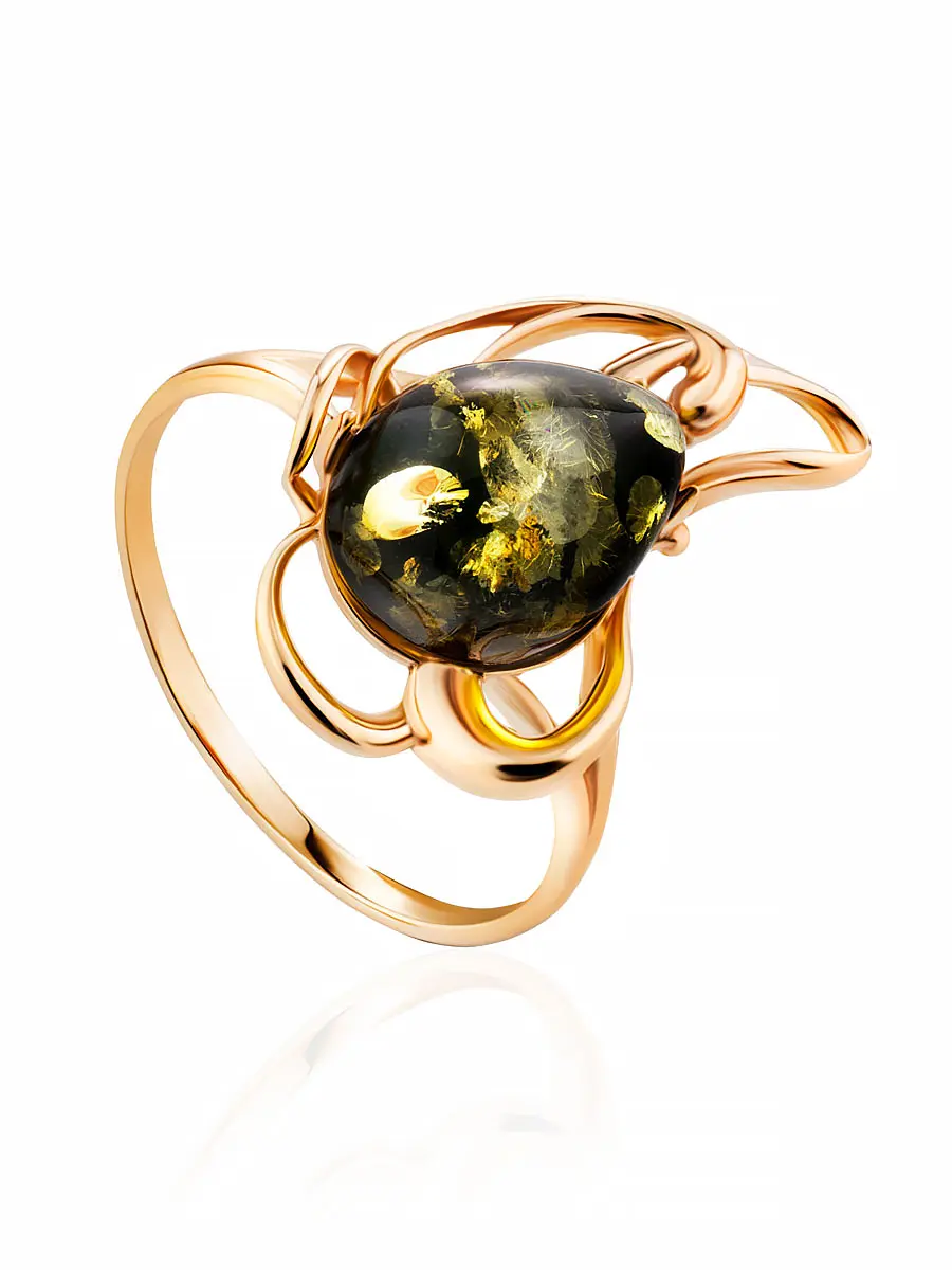 картинка Лёгкое ажурное кольцо из золота и зелёного янтаря «Ромашка» в онлайн магазине