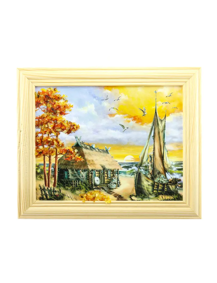 картинка «Дом рыбака». Небольшая картинка горизонтального формата, украшенная янтарем в онлайн магазине