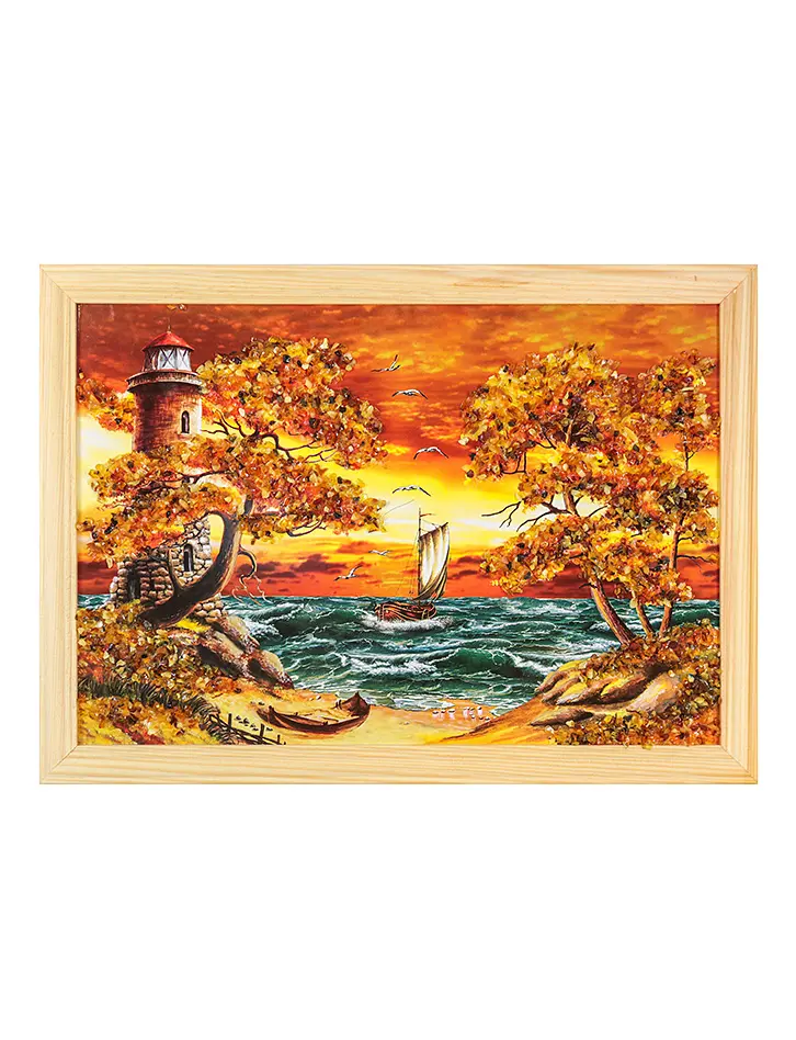 картинка Великолепное яркое панно, украшенное натуральным балтийским янтарём «Морской пейзаж» 23 (В) х 32 (Ш)  в онлайн магазине