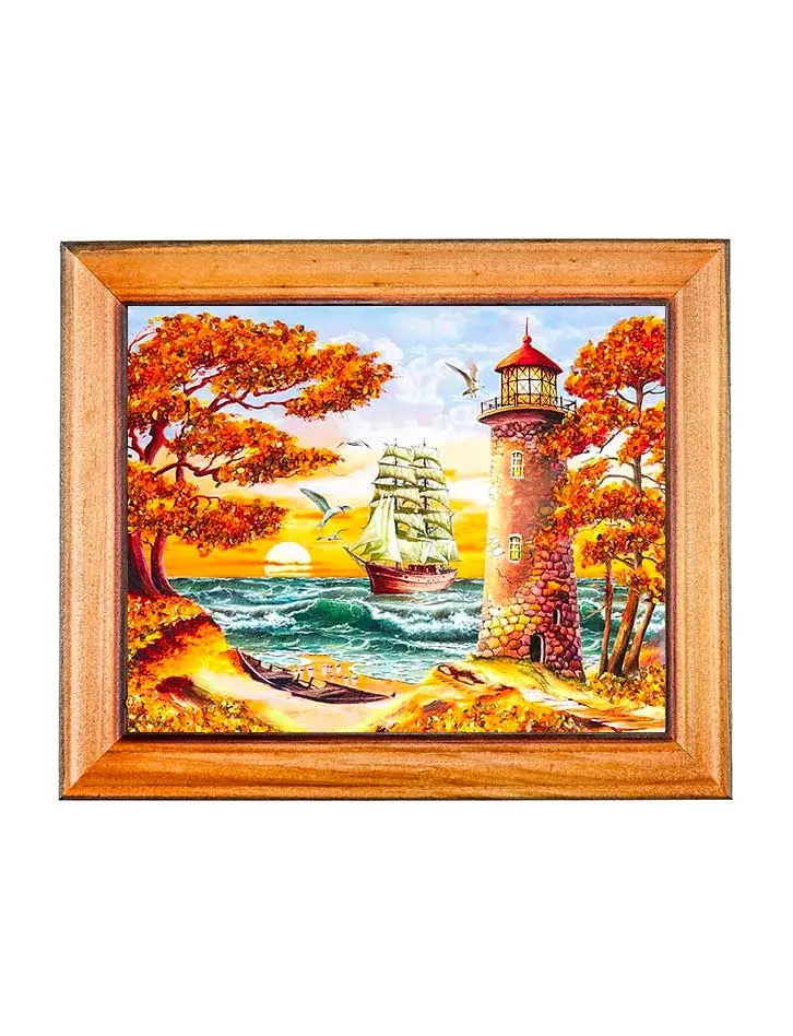 картинка Небольшая картина, украшенная натуральным янтарём «Парусник и маяк» 15 см (В) х 17 см (Ш) в онлайн магазине