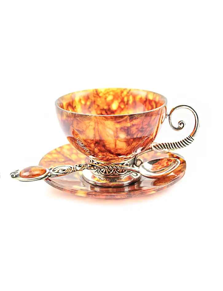 картинка Чайный набор из натурального янтаря и серебра 875 пробы «Антик» на 1 персону в онлайн магазине