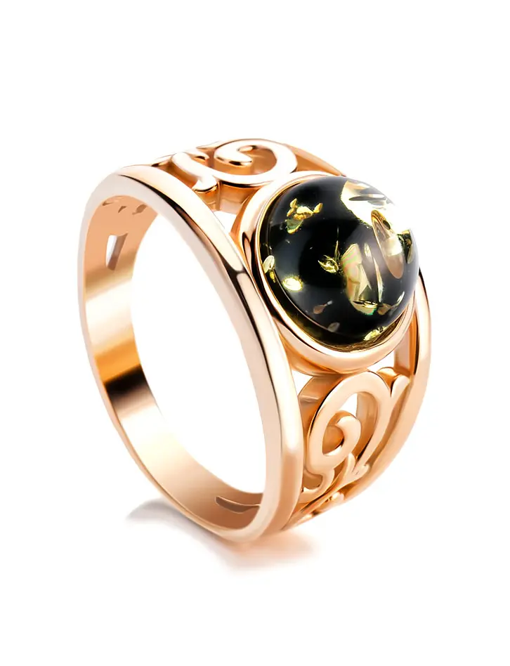 картинка Изысканное золочённое кольцо с натуральным зелёным янтарём «Шахерезада» в онлайн магазине