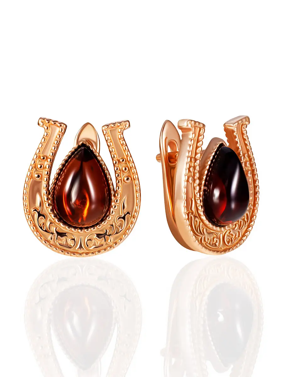 картинка Позолоченные серьги-талисман «Подкова» с натуральным янтарём в онлайн магазине