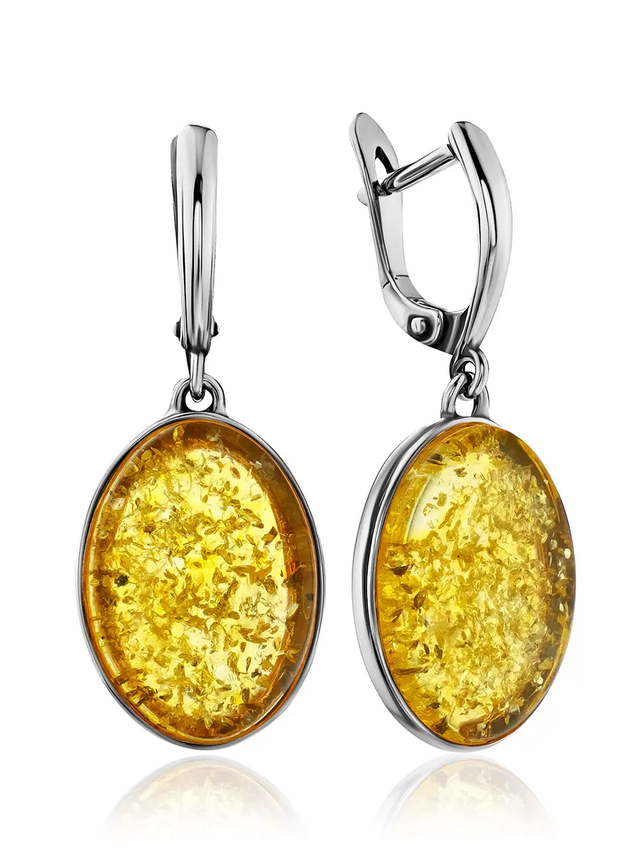 картинка Эффектные стильные серьги «Бенефис» из серебра и натурального янтаря лимонного цвета в онлайн магазине
