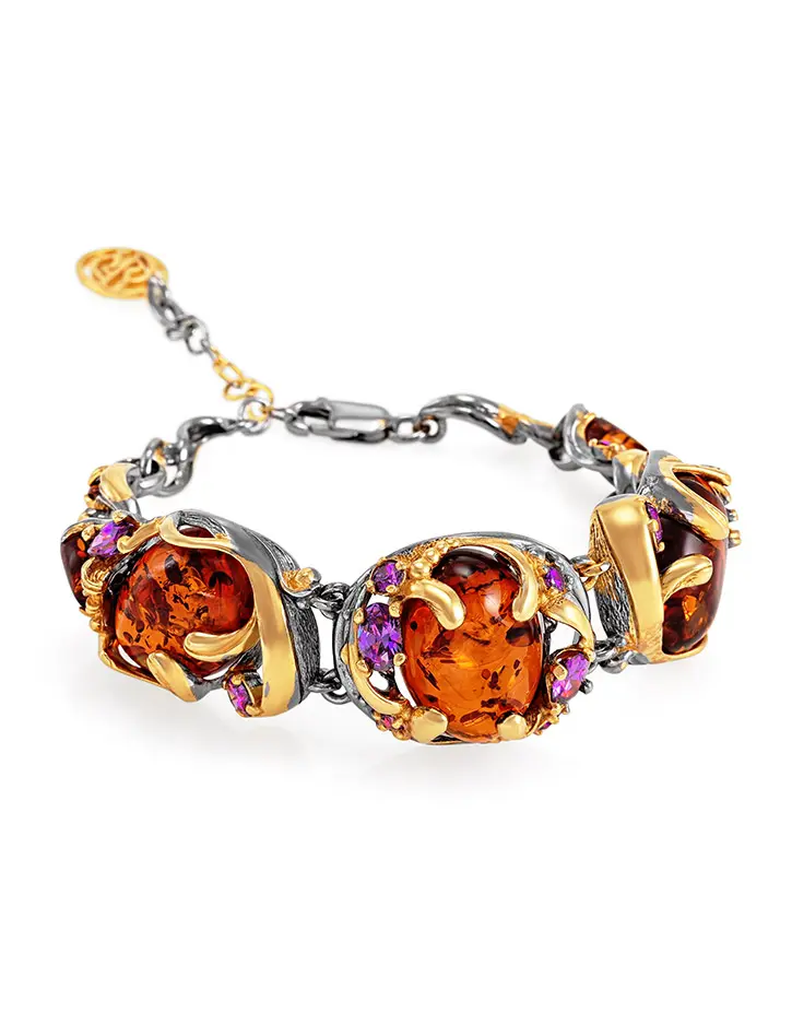 картинка Роскошный браслет из янтаря коньячного цвета с фианитами «Помпадур» в онлайн магазине