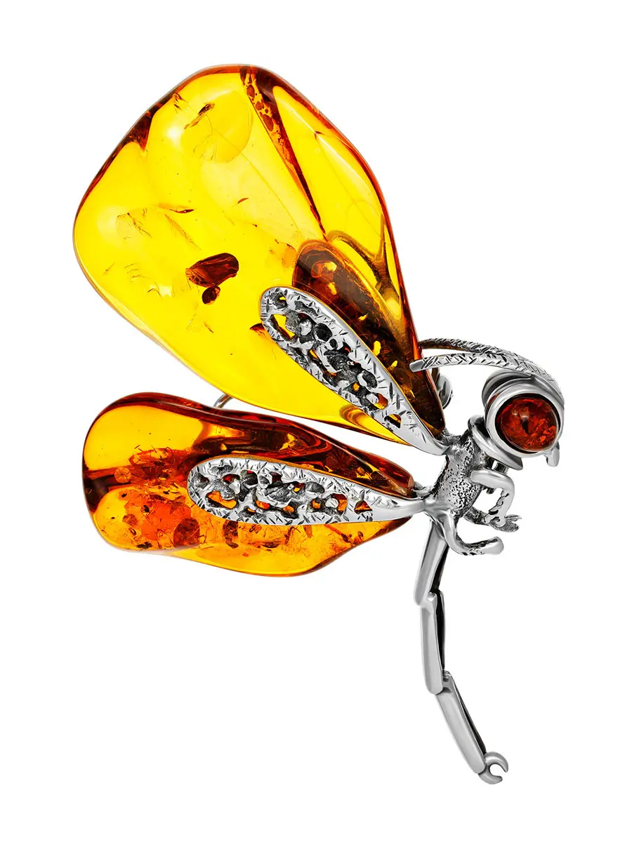 картинка Эффектная брошь-кулон «Стрекоза» из натурального цельного янтаря коньячного цвета в онлайн магазине