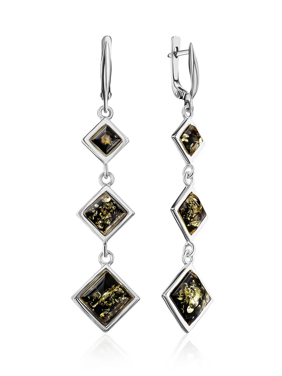 картинка Красивые удлинённые серьги из серебра и янтаря зелёного цвета «Каледония» в онлайн магазине
